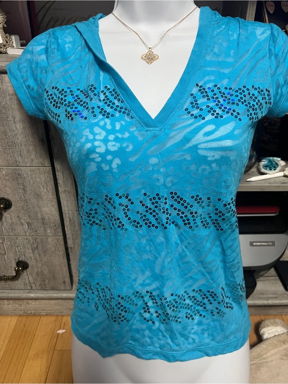 Justice girls Hooded V-Neck hoodie lightweight sheer sequin top. Sz 12